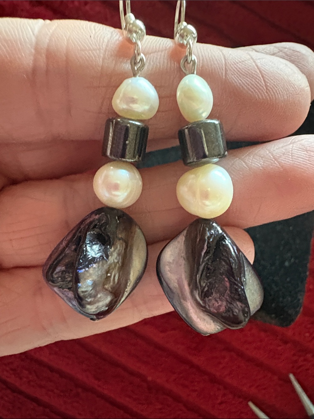 Hand Crafted Iridescent Black and Cream Pearl Dangle Earrings